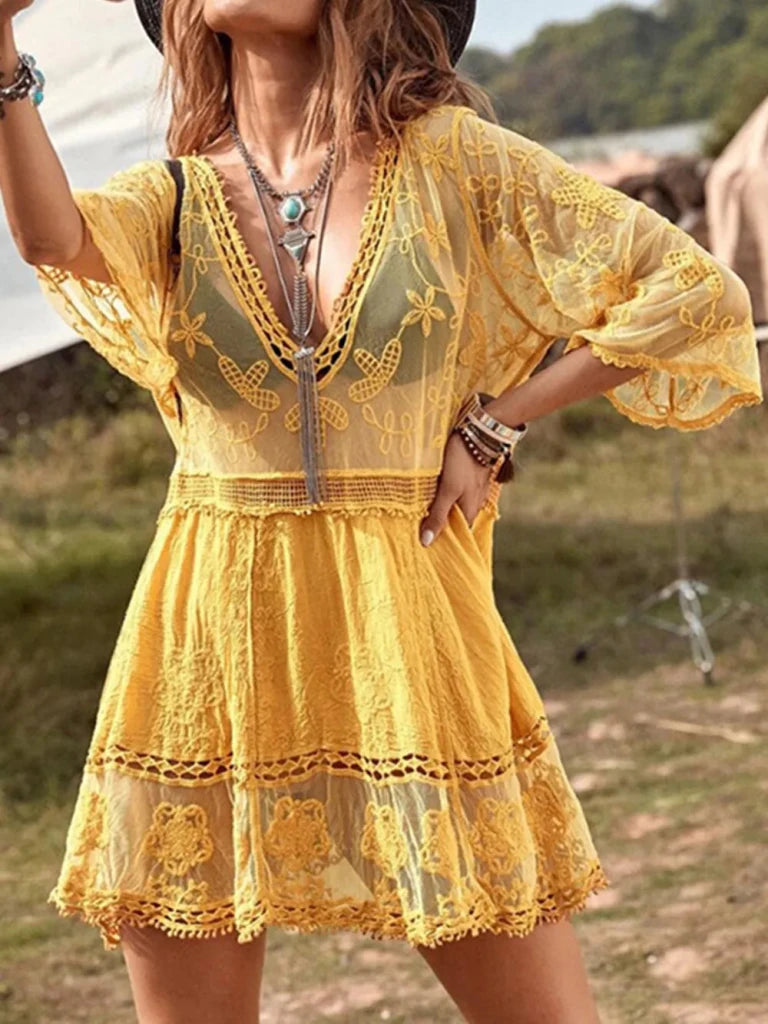 Lace Detail Plunge Cover - Up Dress - Gold by Trendsi from FREYA’S CLOSET