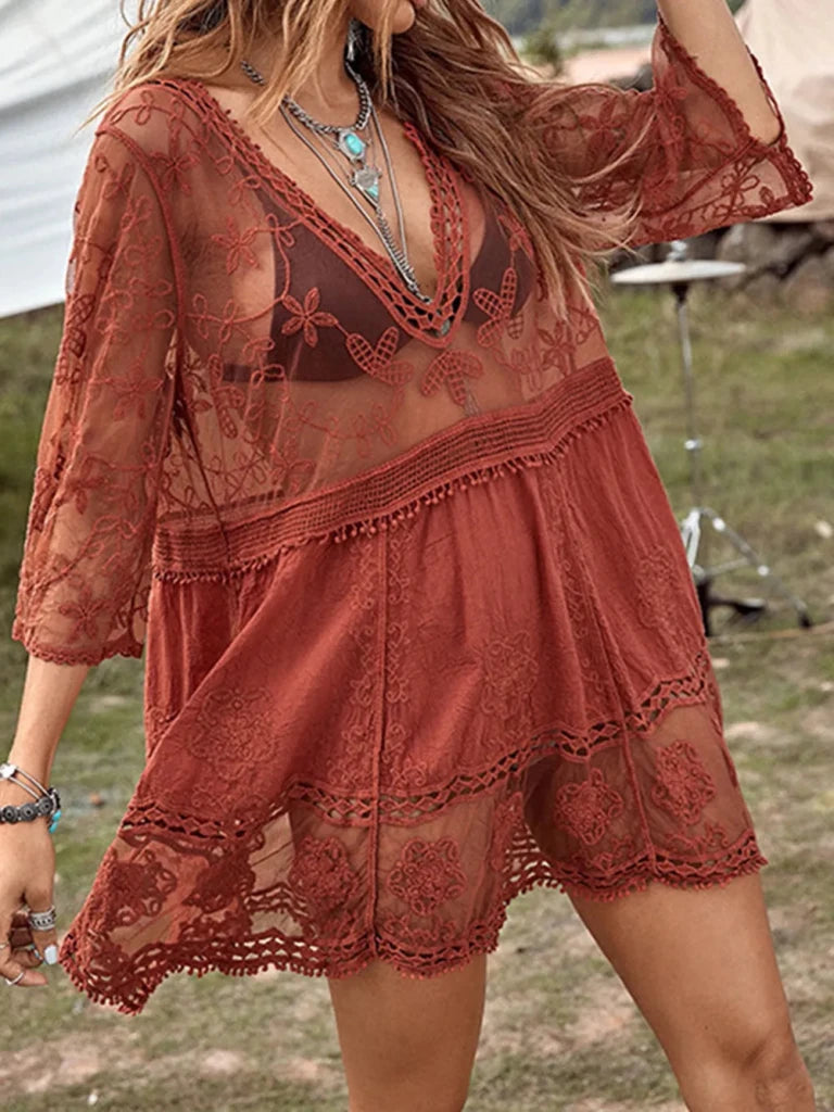 Lace Detail Plunge Cover - Up Dress - Rust by Trendsi from FREYA’S CLOSET
