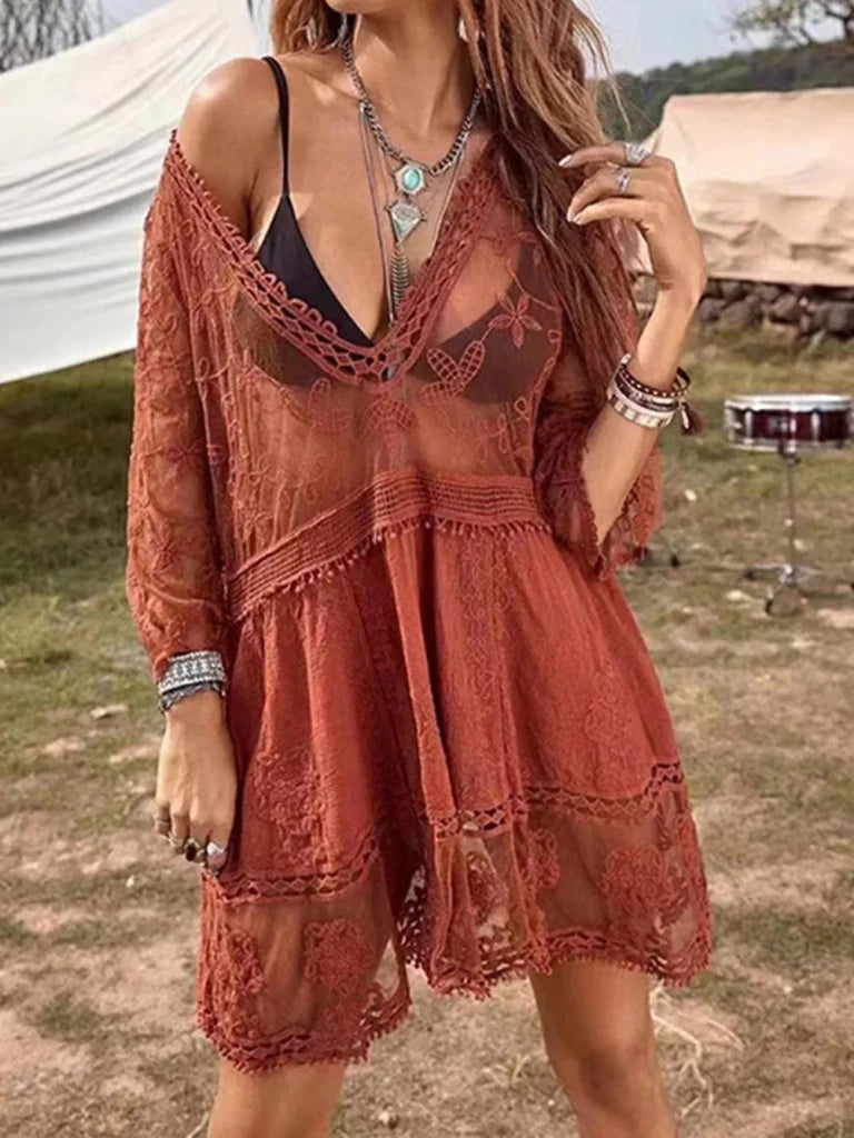 Lace Detail Plunge Cover - Up Dress - Rust by Trendsi from FREYA’S CLOSET