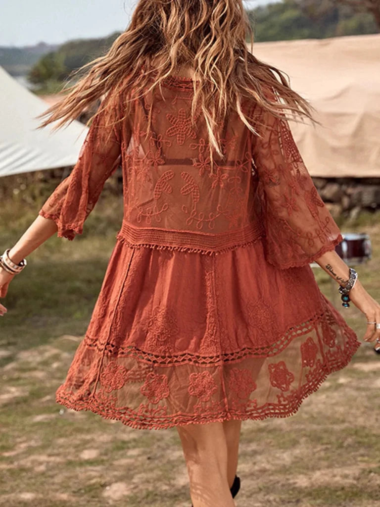 Lace Detail Plunge Cover - Up Dress - Rust by Trendsi from FREYA’S CLOSET