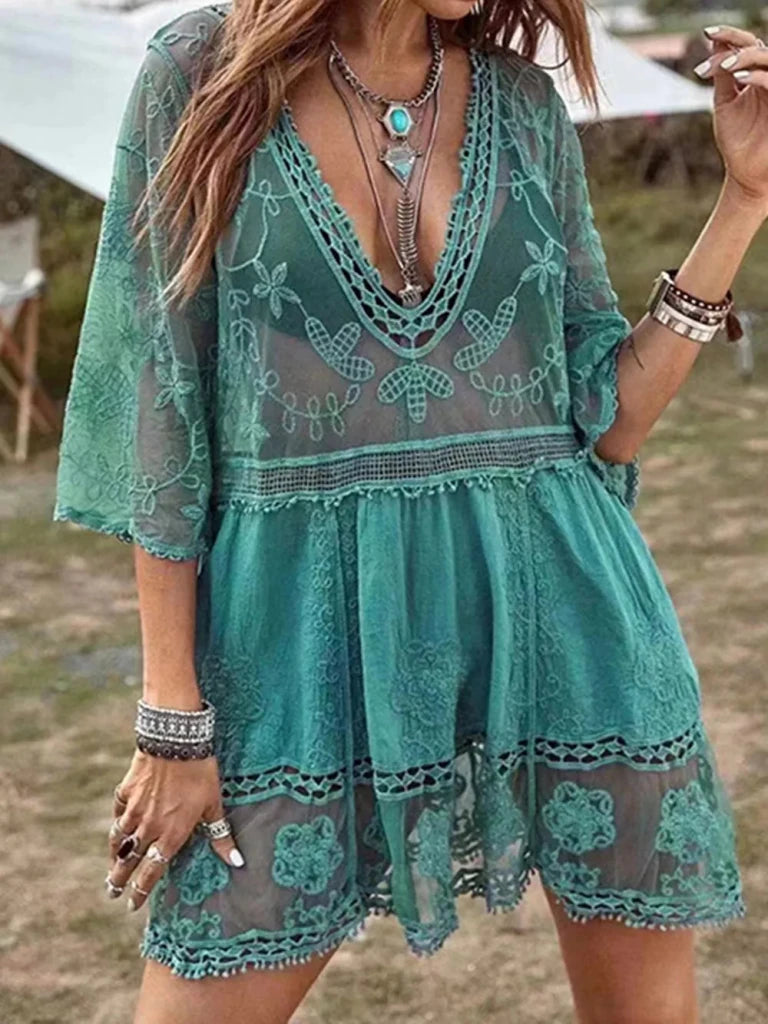Lace Detail Plunge Cover - Up Dress - Teal by Trendsi from FREYA’S CLOSET