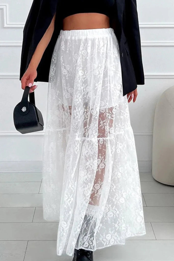 Lace Elastic Waist Maxi Skirt - White by Trendsi from FREYA’S CLOSET