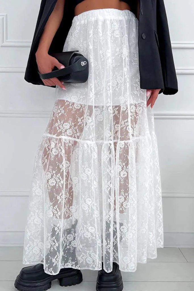 Lace Elastic Waist Maxi Skirt - White by Trendsi from FREYA’S CLOSET