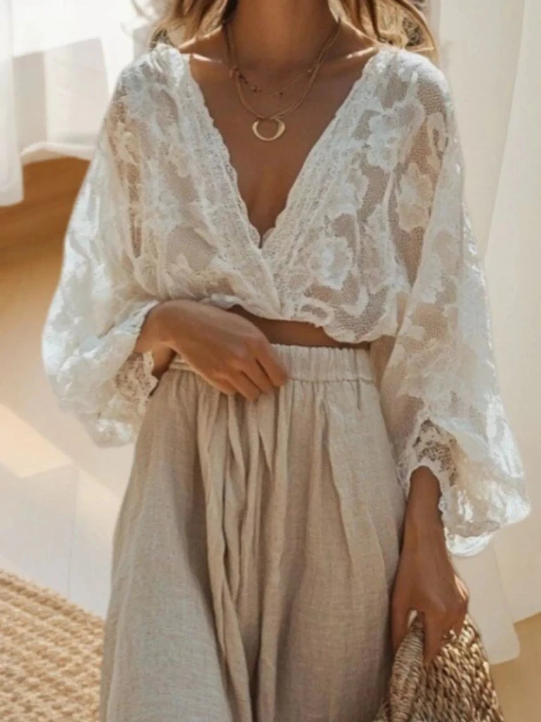 Lace Long Sleeve Top and Skirt Set - Apricot by Trendsi from FREYA’S CLOSET