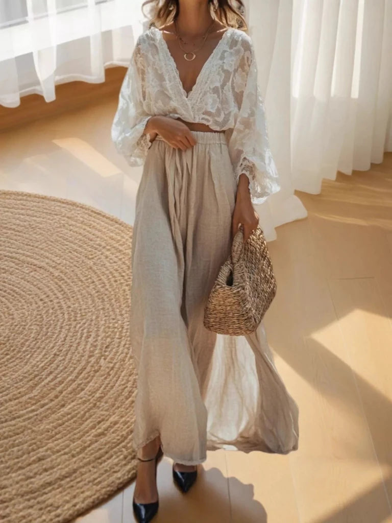 Lace Long Sleeve Top and Skirt Set - Apricot by Trendsi from FREYA’S CLOSET