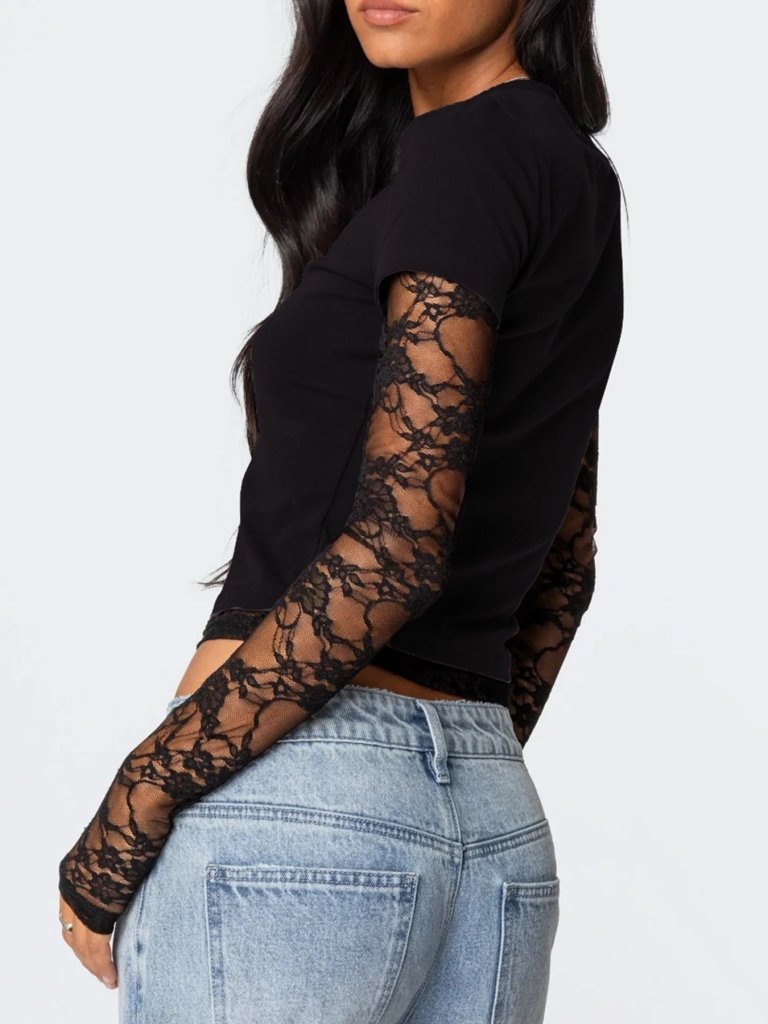 Lace Sleeve Fitted T-Shirt - Black by Trendsi from FREYA’S CLOSET