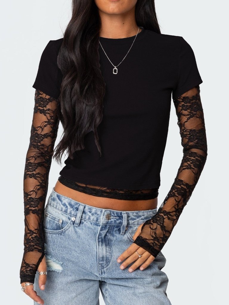 Lace Sleeve Fitted T-Shirt - Black by Trendsi from FREYA’S CLOSET