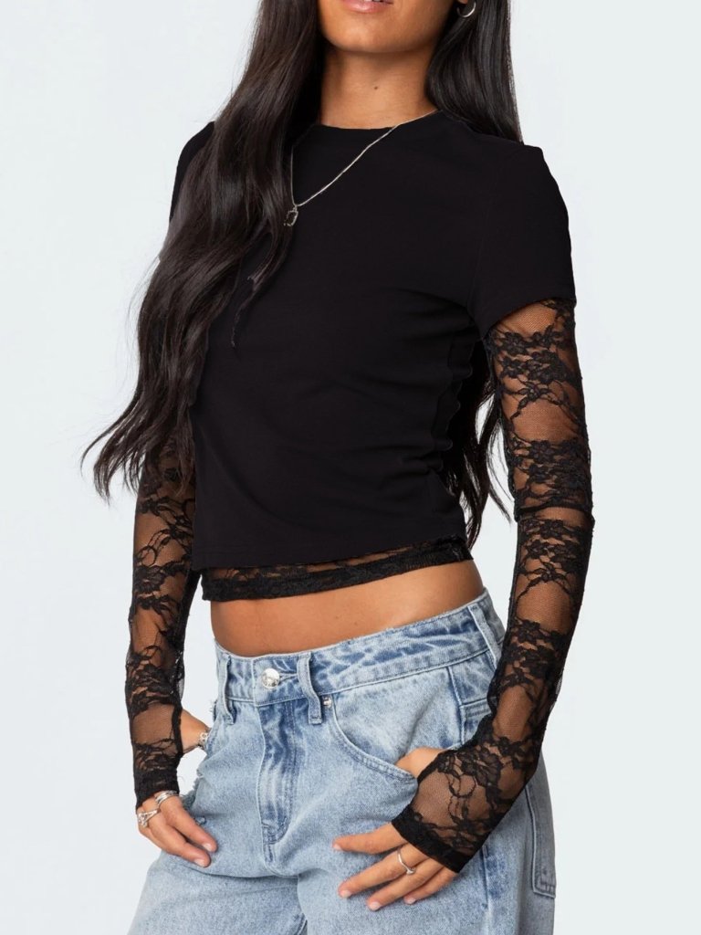 Lace Sleeve Fitted T-Shirt - Black by Trendsi from FREYA’S CLOSET