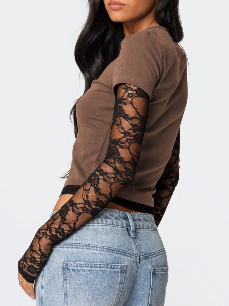 Lace Sleeve Fitted T-Shirt - Camel by Trendsi from FREYA’S CLOSET