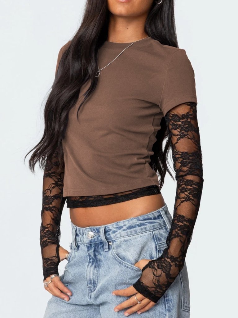 Lace Sleeve Fitted T-Shirt - Camel by Trendsi from FREYA’S CLOSET