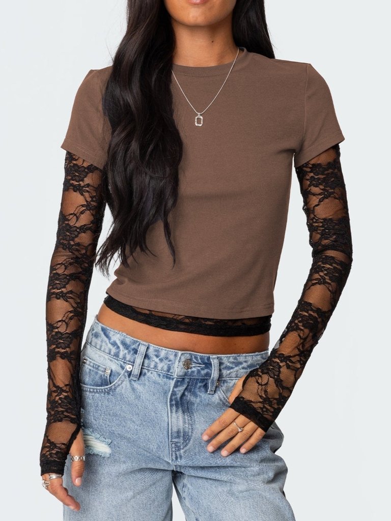 Lace Sleeve Fitted T-Shirt - Camel by Trendsi from FREYA’S CLOSET