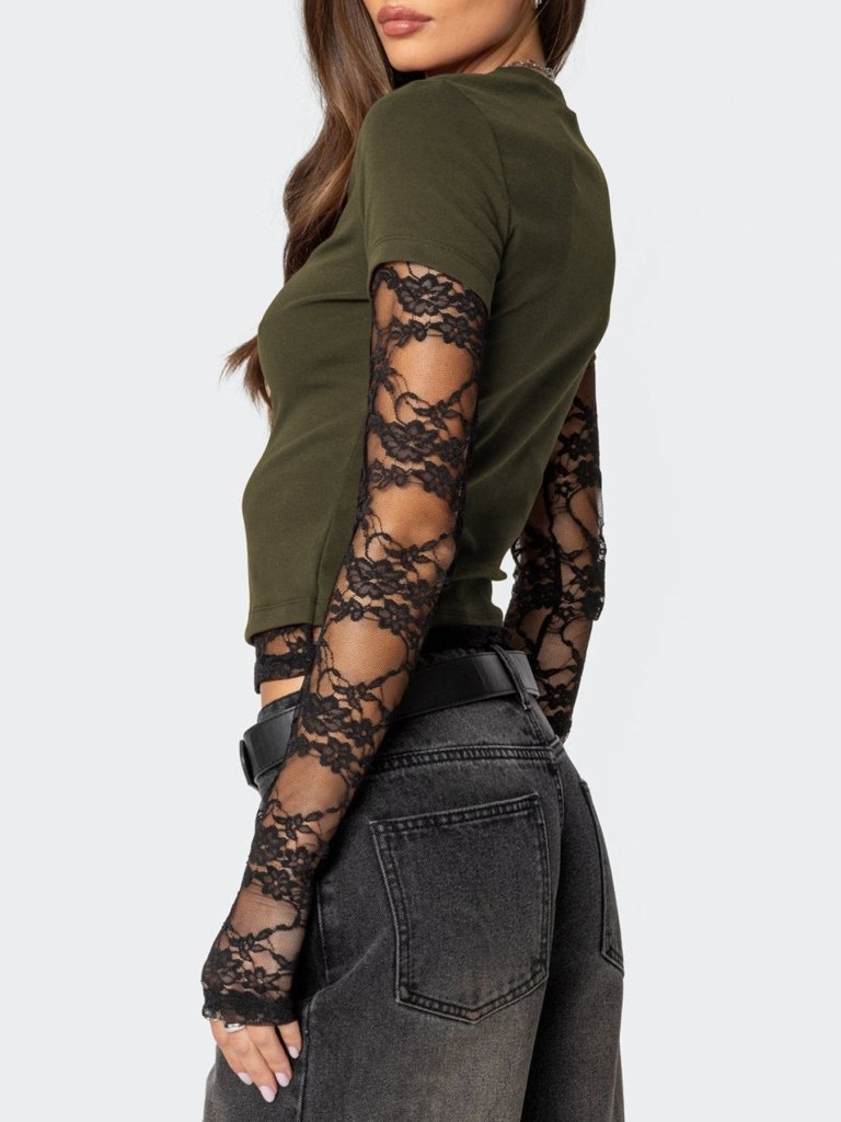 Lace Sleeve Fitted T-Shirt - Military Green by Trendsi from FREYA’S CLOSET