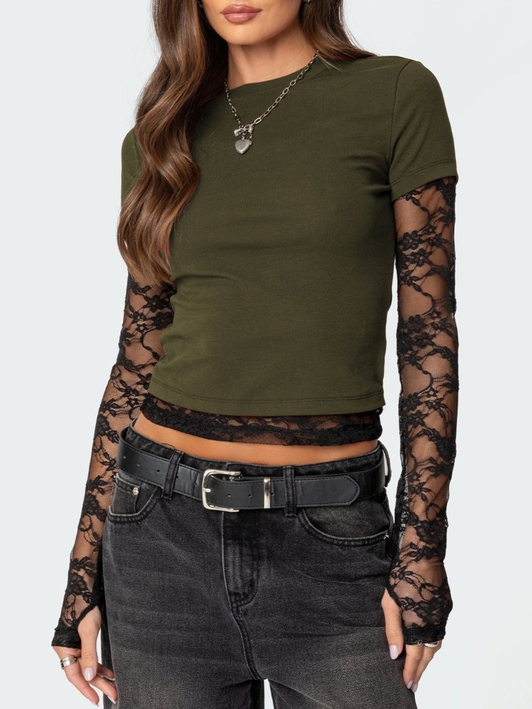 Lace Sleeve Fitted T-Shirt - Military Green by Trendsi from FREYA’S CLOSET