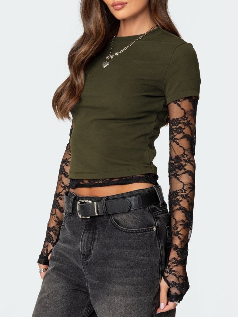 Lace Sleeve Fitted T-Shirt - Military Green by Trendsi from FREYA’S CLOSET