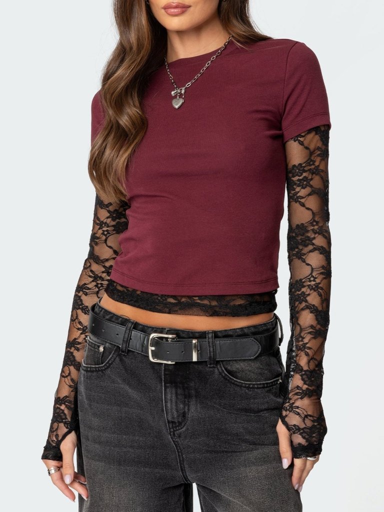Lace Sleeve Fitted T-Shirt - Wine Red by Trendsi from FREYA’S CLOSET