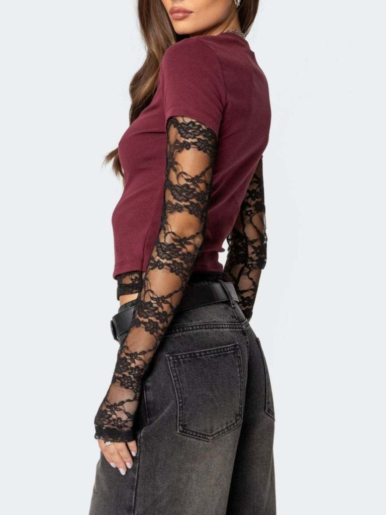 Lace Sleeve Fitted T-Shirt - Wine Red by Trendsi from FREYA’S CLOSET