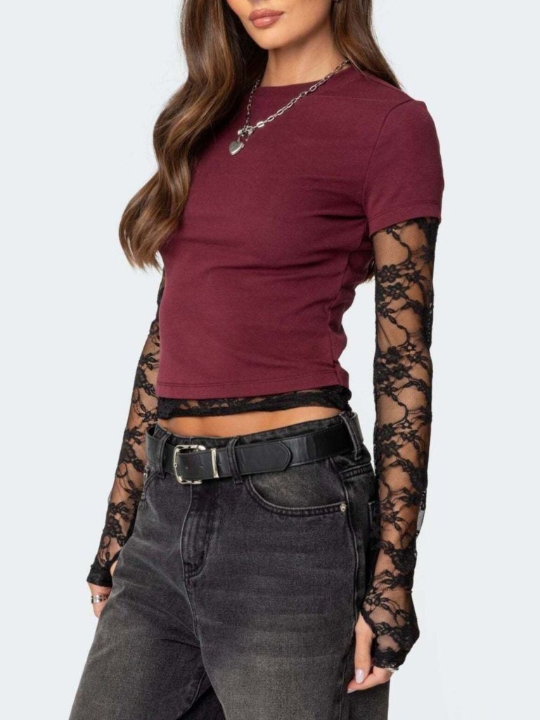 Lace Sleeve Fitted T-Shirt - Wine Red by Trendsi from FREYA’S CLOSET