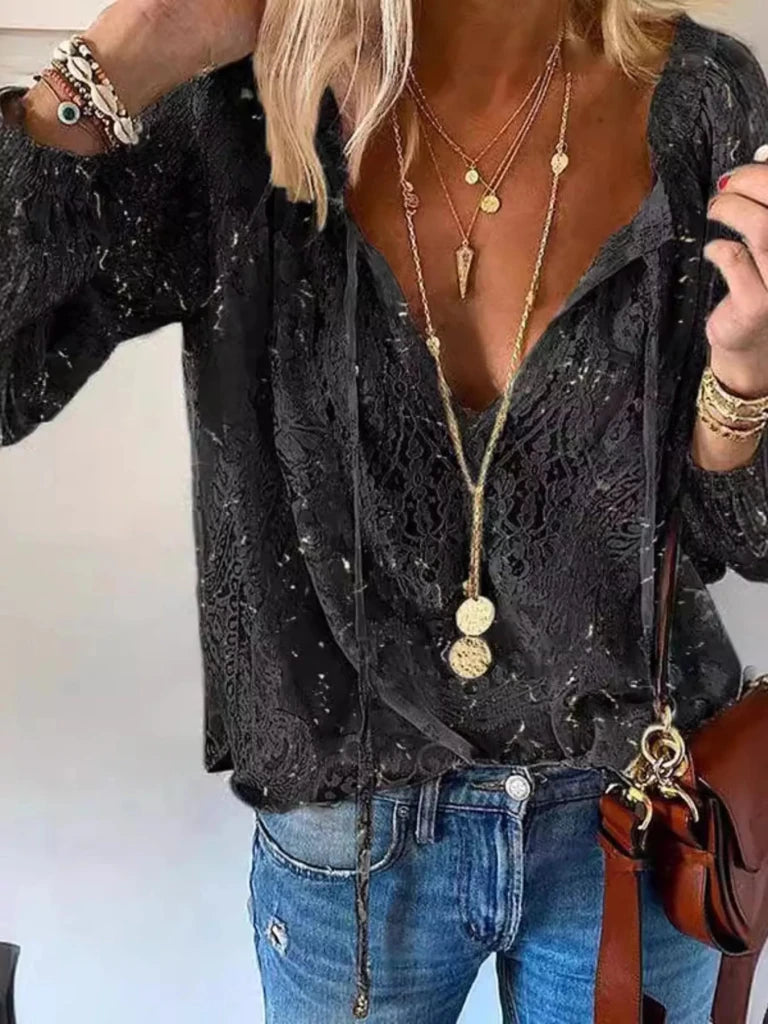 Lace Tie - Neck Blouse - Black by Trendsi from FREYA’S CLOSET