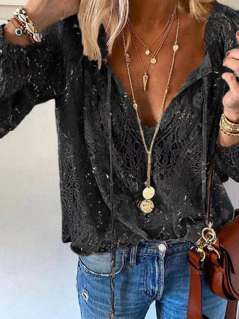 Lace Tie - Neck Blouse - Black by Trendsi from FREYA’S CLOSET