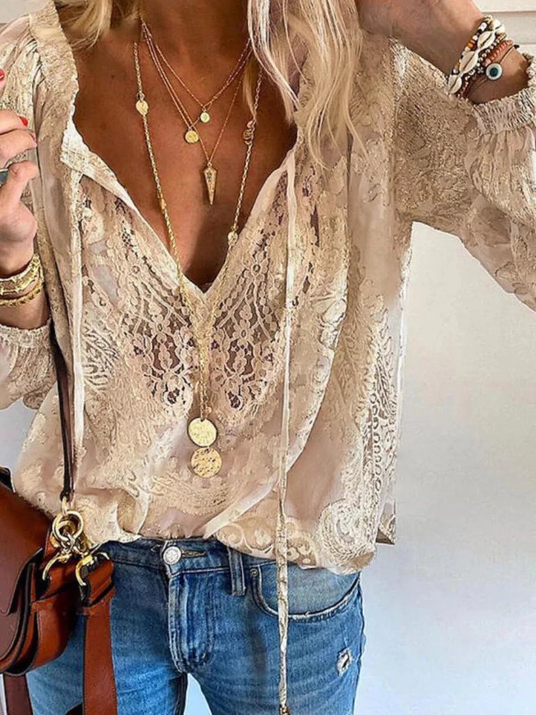 Lace Tie - Neck Blouse - Khaki by Trendsi from FREYA’S CLOSET