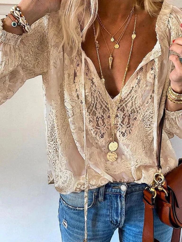 Lace Tie - Neck Blouse - Khaki by Trendsi from FREYA’S CLOSET