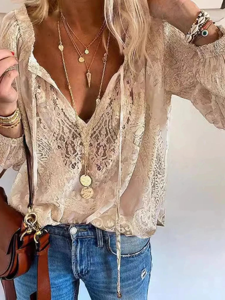 Lace Tie - Neck Blouse - Khaki by Trendsi from FREYA’S CLOSET