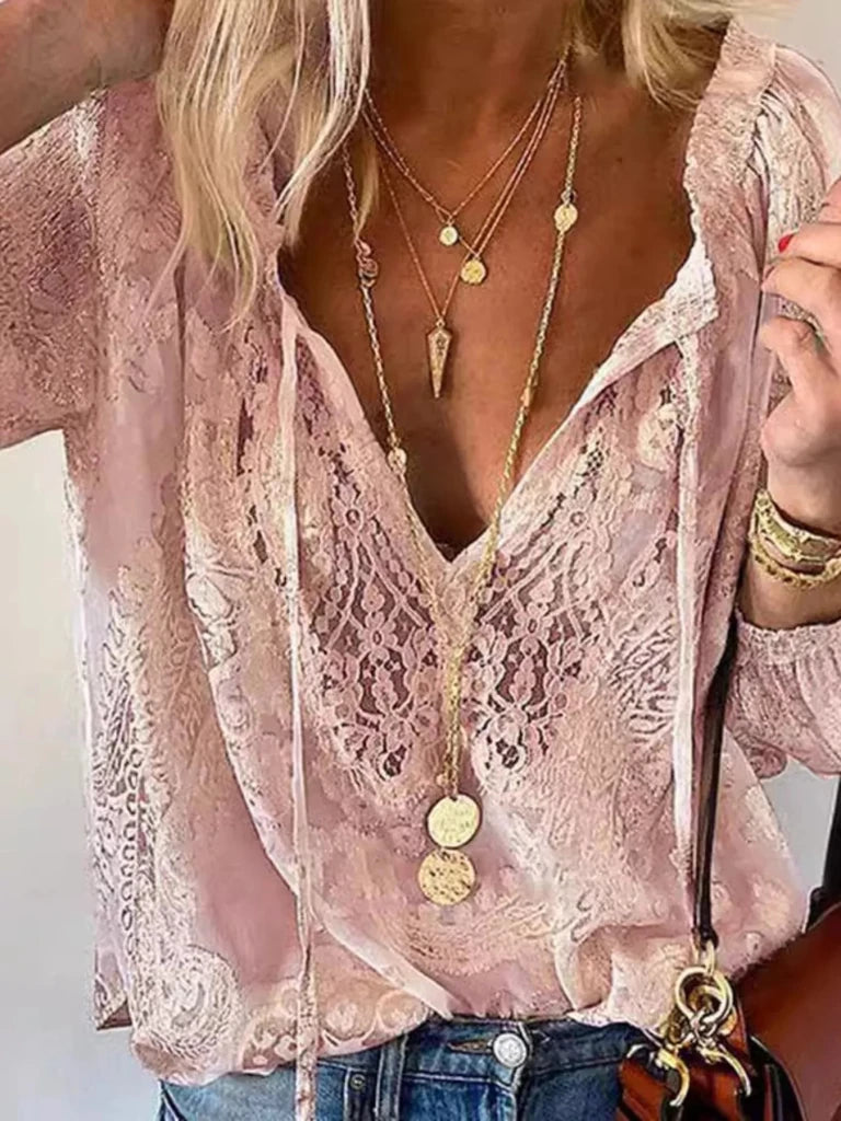 Lace Tie - Neck Blouse - Pink by Trendsi from FREYA’S CLOSET