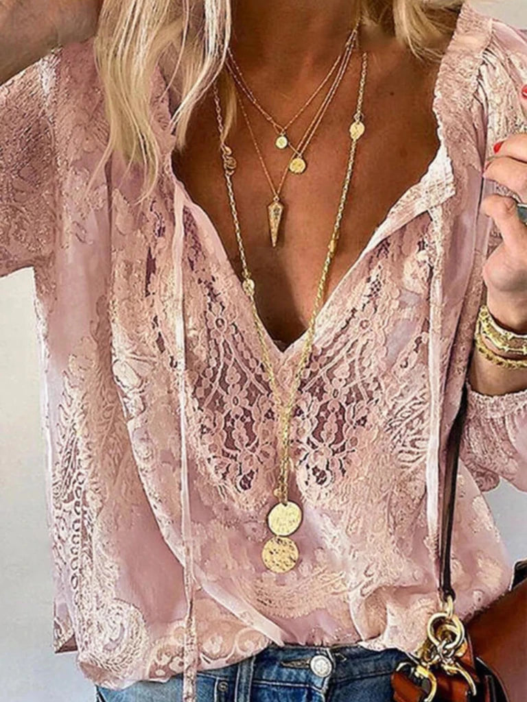 Lace Tie - Neck Blouse - Pink by Trendsi from FREYA’S CLOSET