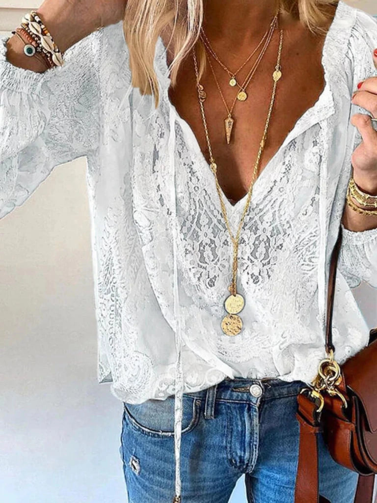 Lace Tie - Neck Blouse - White by Trendsi from FREYA’S CLOSET