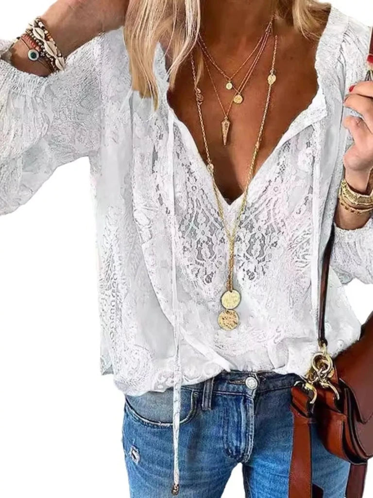 Lace Tie - Neck Blouse - White by Trendsi from FREYA’S CLOSET