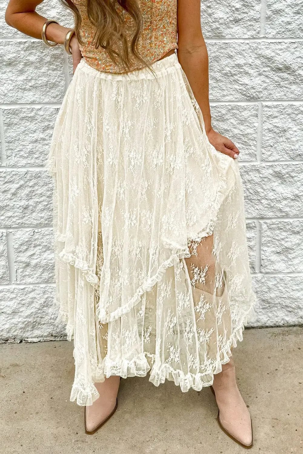 Trendsi Skirt Ivory / S Lace Tiered Midi Skirt