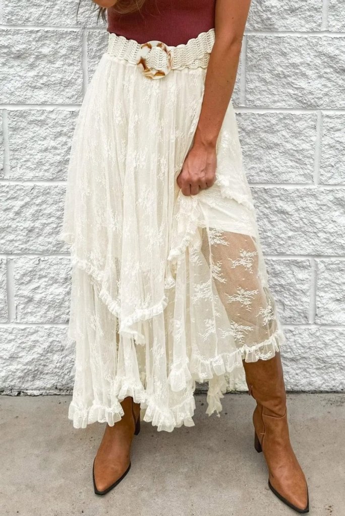 Lace Tiered Midi Skirt - Ivory by Trendsi from FREYA’S CLOSET