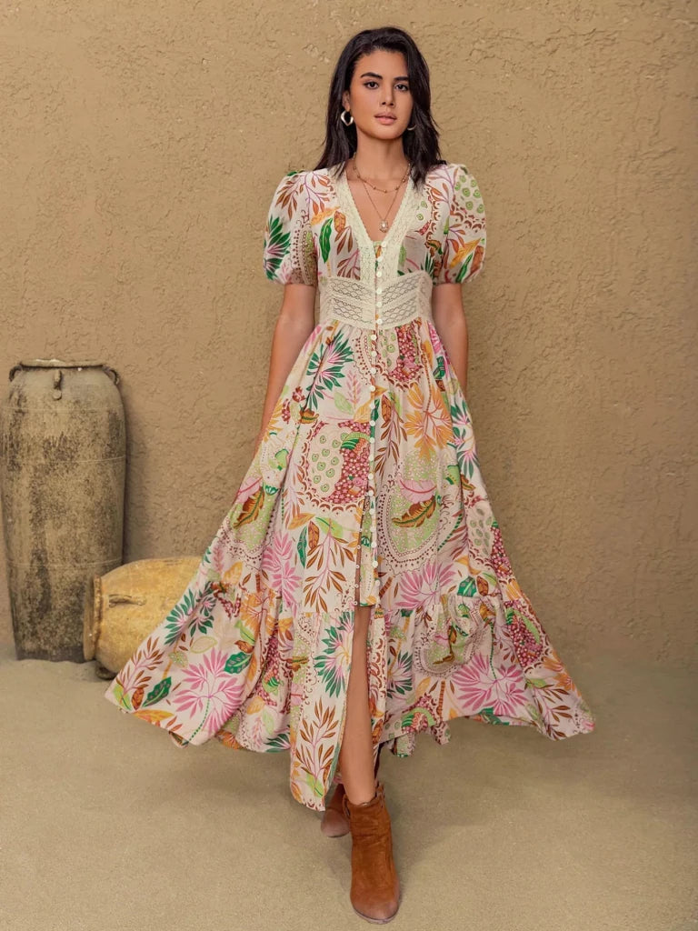Lace Trim Floral Print Puff Sleeve Dress - Multicolor by Trendsi from FREYA’S CLOSET