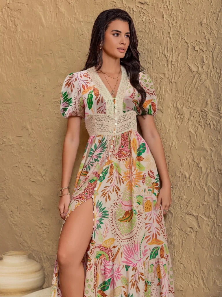 Lace Trim Floral Print Puff Sleeve Dress - Multicolor by Trendsi from FREYA’S CLOSET