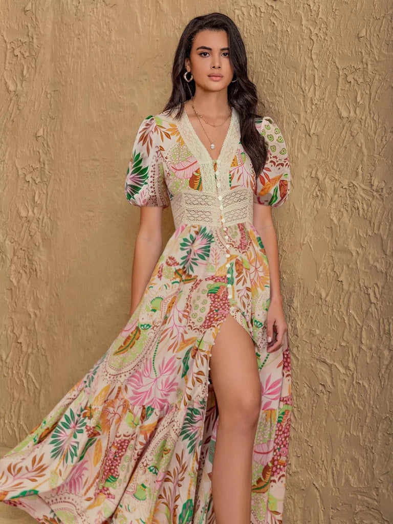 Lace Trim Floral Print Puff Sleeve Dress - Multicolor by Trendsi from FREYA’S CLOSET