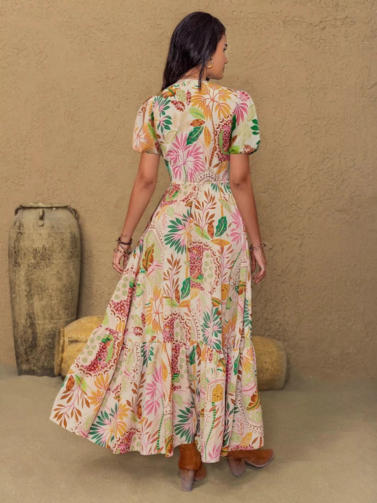 Lace Trim Floral Print Puff Sleeve Dress - Multicolor by Trendsi from FREYA’S CLOSET