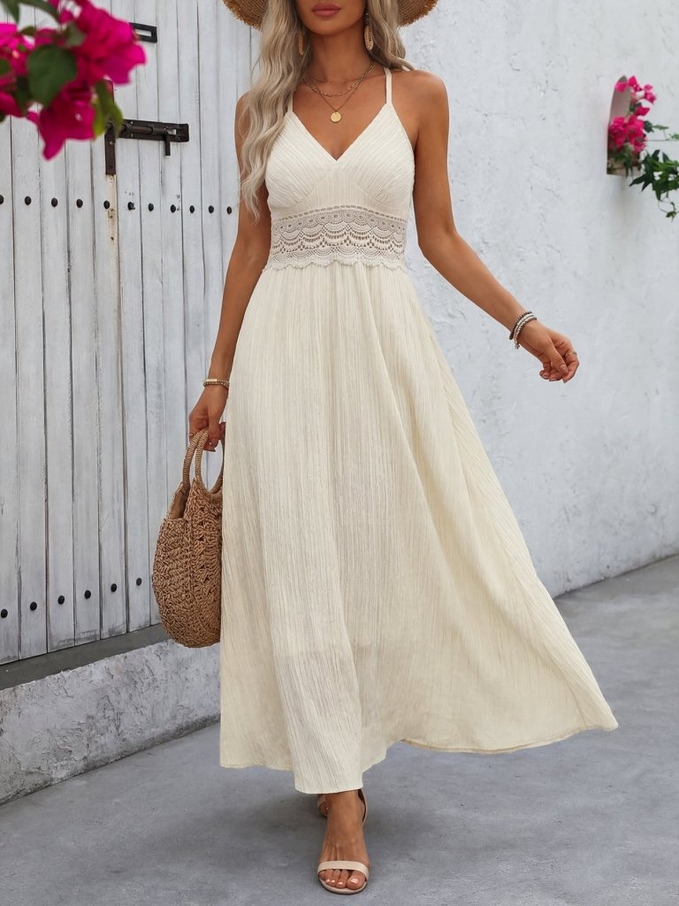 Lace Trim V - Neck Maxi Dress - Apricot by Trendsi from FREYA’S CLOSET