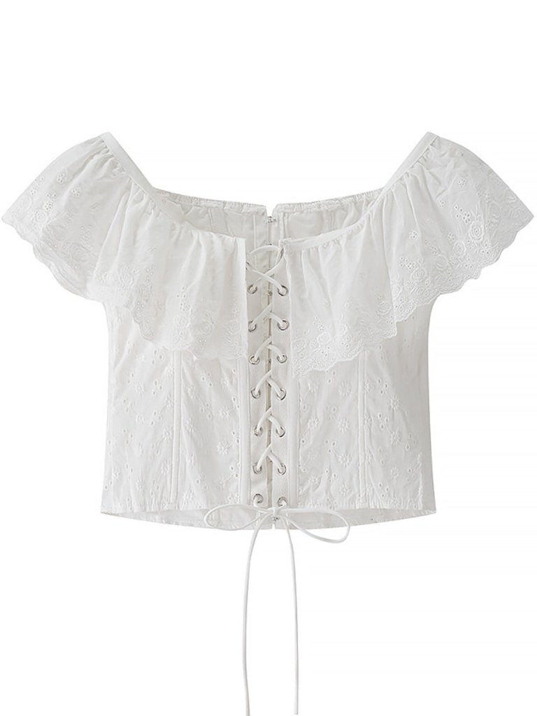 Lace Up Back Eyelet Ruffle Trim Tank - White by Trendsi from FREYA’S CLOSET