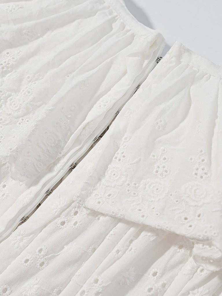Lace Up Back Eyelet Ruffle Trim Tank - White by Trendsi from FREYA’S CLOSET