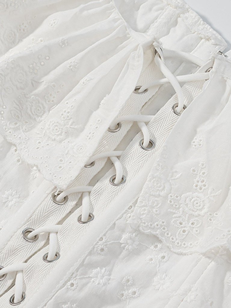 Lace Up Back Eyelet Ruffle Trim Tank - White by Trendsi from FREYA’S CLOSET