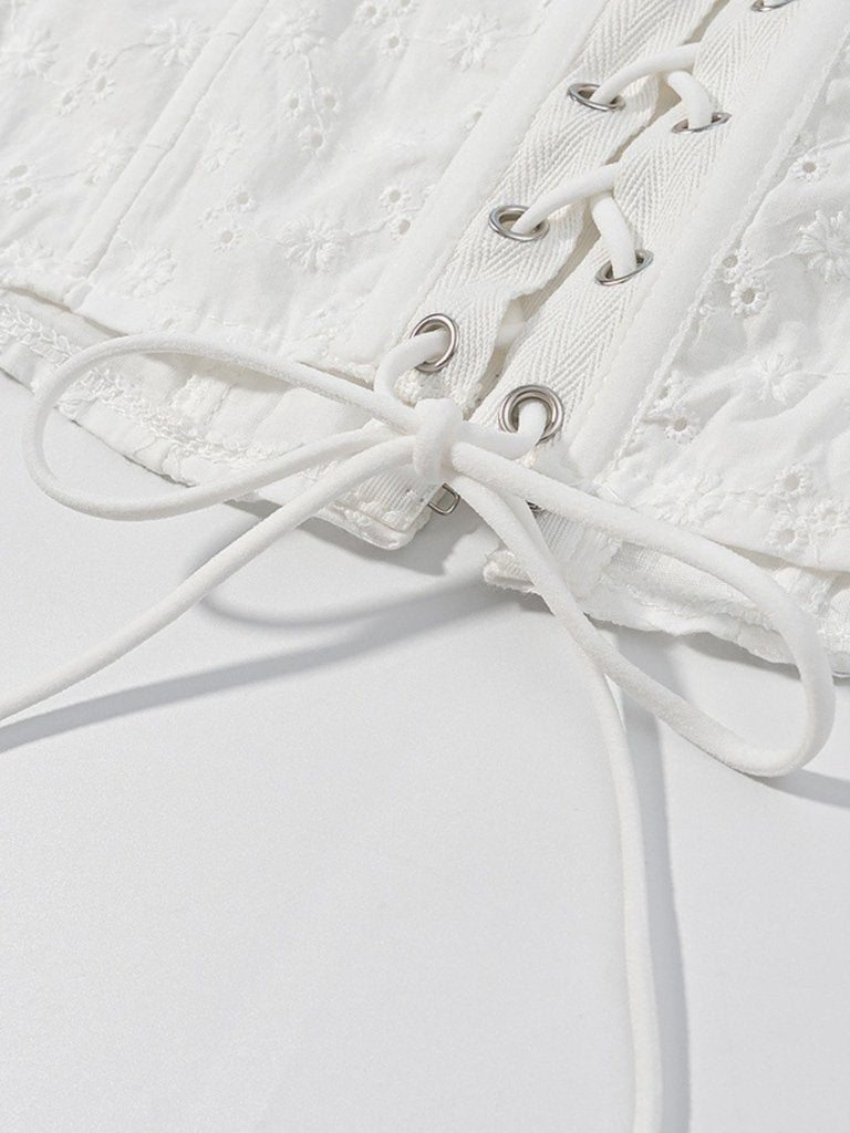 Lace Up Back Eyelet Ruffle Trim Tank - White by Trendsi from FREYA’S CLOSET