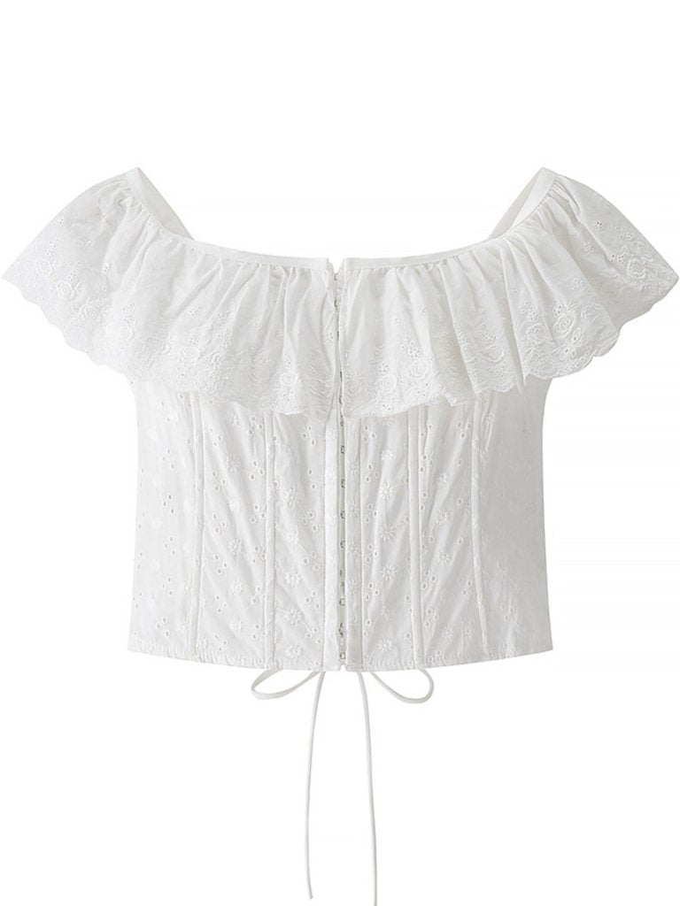 Lace Up Back Eyelet Ruffle Trim Tank - White by Trendsi from FREYA’S CLOSET