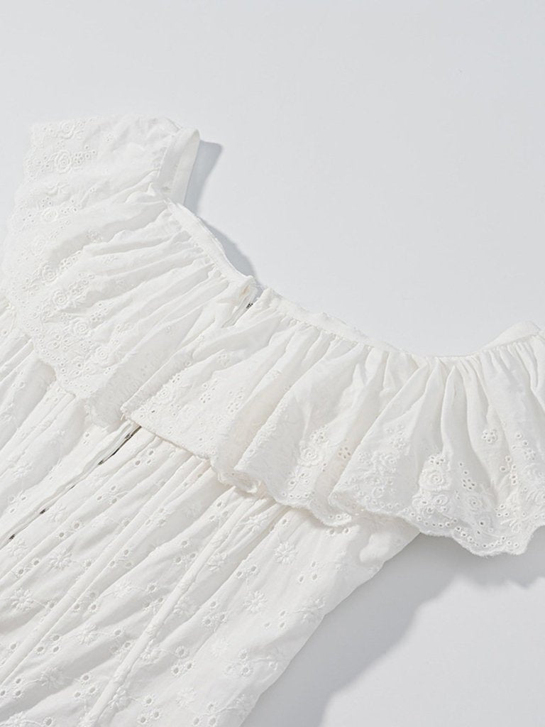 Lace Up Back Eyelet Ruffle Trim Tank - White by Trendsi from FREYA’S CLOSET