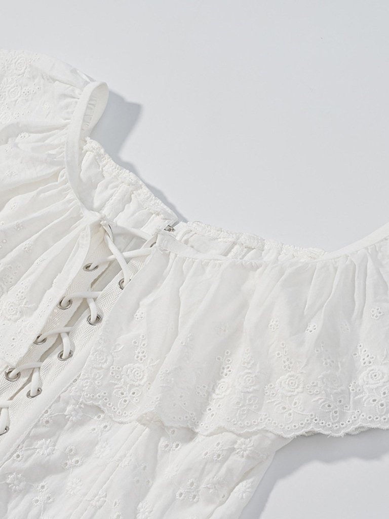 Lace Up Back Eyelet Ruffle Trim Tank - White by Trendsi from FREYA’S CLOSET