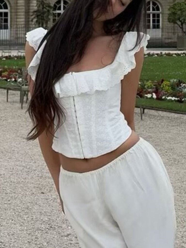 Lace Up Back Eyelet Ruffle Trim Tank - White by Trendsi from FREYA’S CLOSET