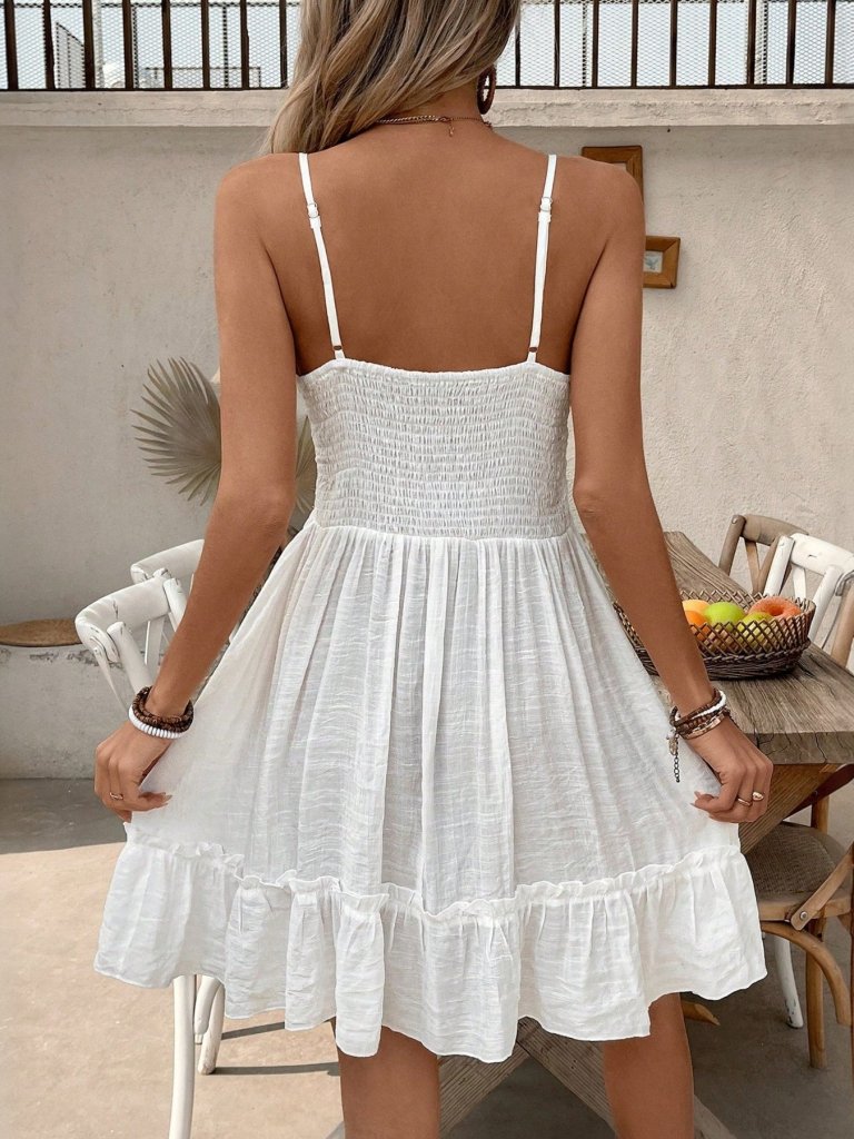Lace - Up V - Neck Ruffle Hem Mini Dress - White by Trendsi from FREYA’S CLOSET