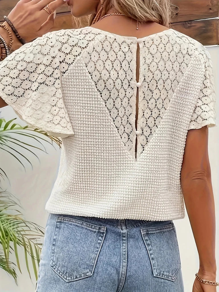 Lace V - Neck Flutter Sleeve Top - Apricot by Trendsi from FREYA’S CLOSET