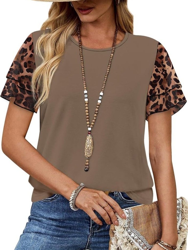 Layered Short Sleeve Round Neck T-Shirt - Brown by Trendsi from FREYA’S CLOSET