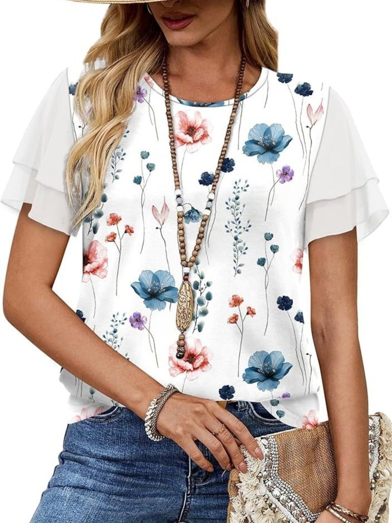 Layered Short Sleeve Round Neck T-Shirt - Floral by Trendsi from FREYA’S CLOSET