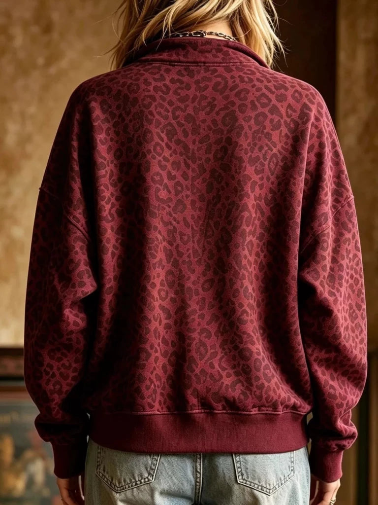 Burgundy leopard half-zip oversized sweatshirt, detail view